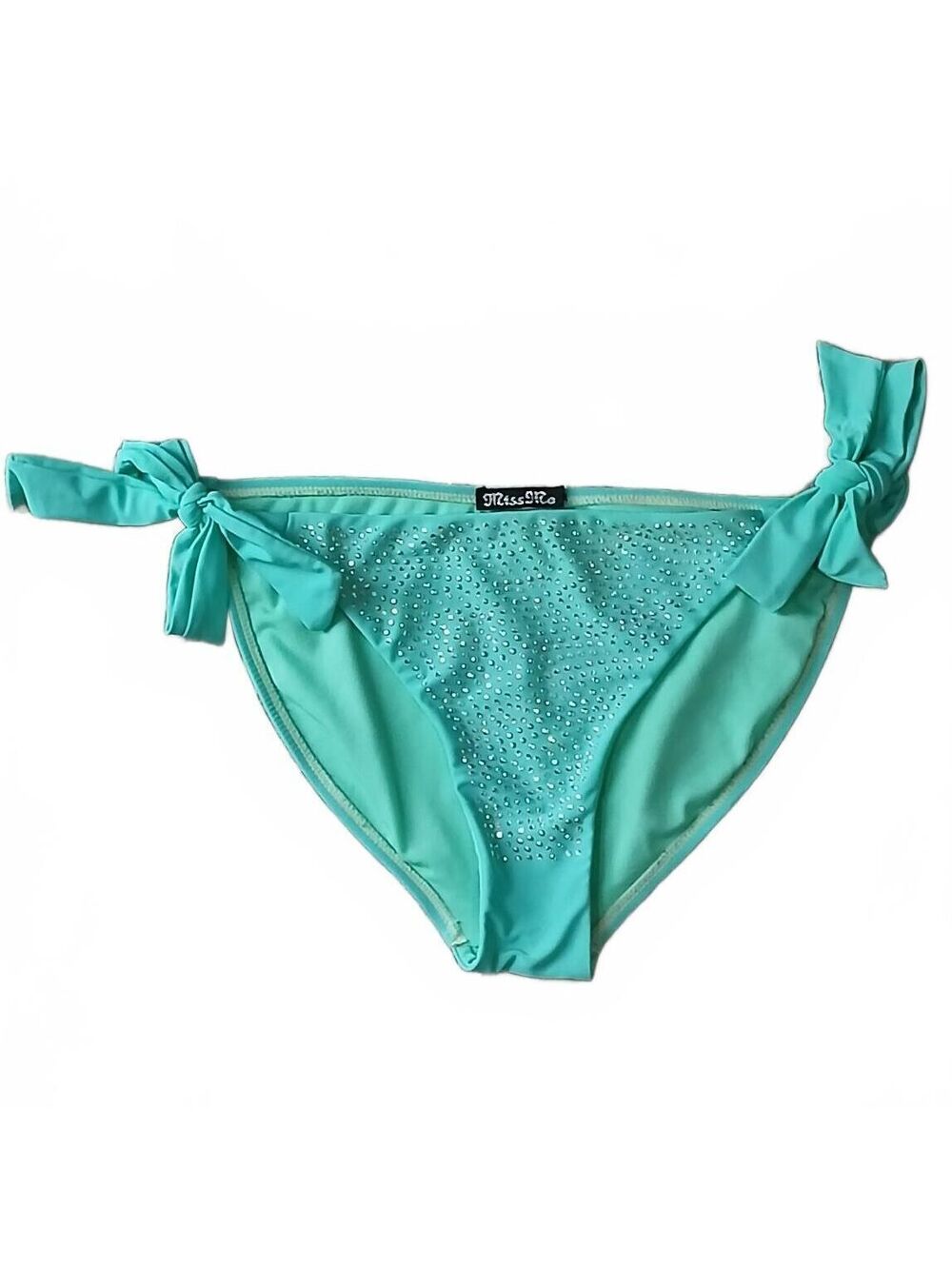Miss Me Aqua Rhinestone Side Tie Bikini Bottoms Medium Y2K McBling SEE INFO F/25